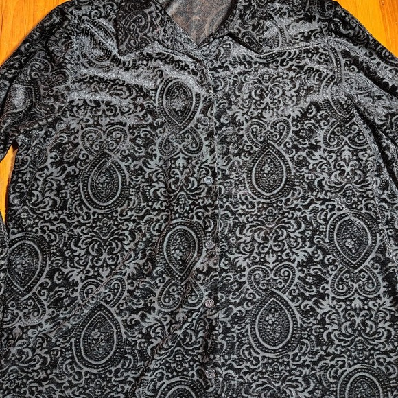 Womens Black Velvet Burnout Paisley Print Button Down Shirt XL 16 18 whimsigoth - Picture 3 of 9